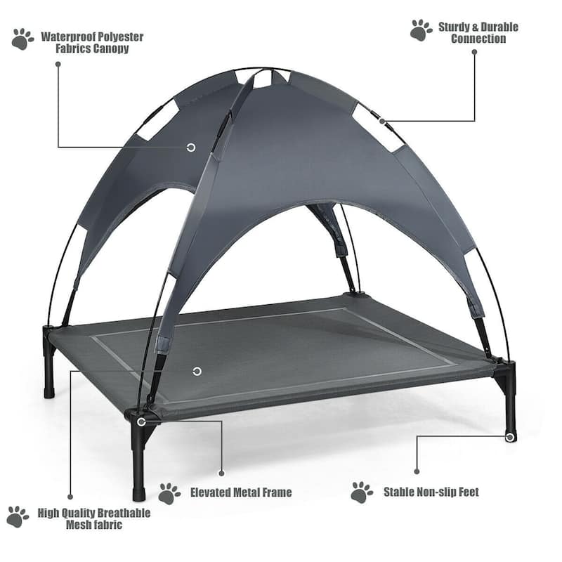 Portable Elevated Outdoor Pet Bed with Removable Canopy Shade - 35.5" x 32" x 34" (L x W x H)