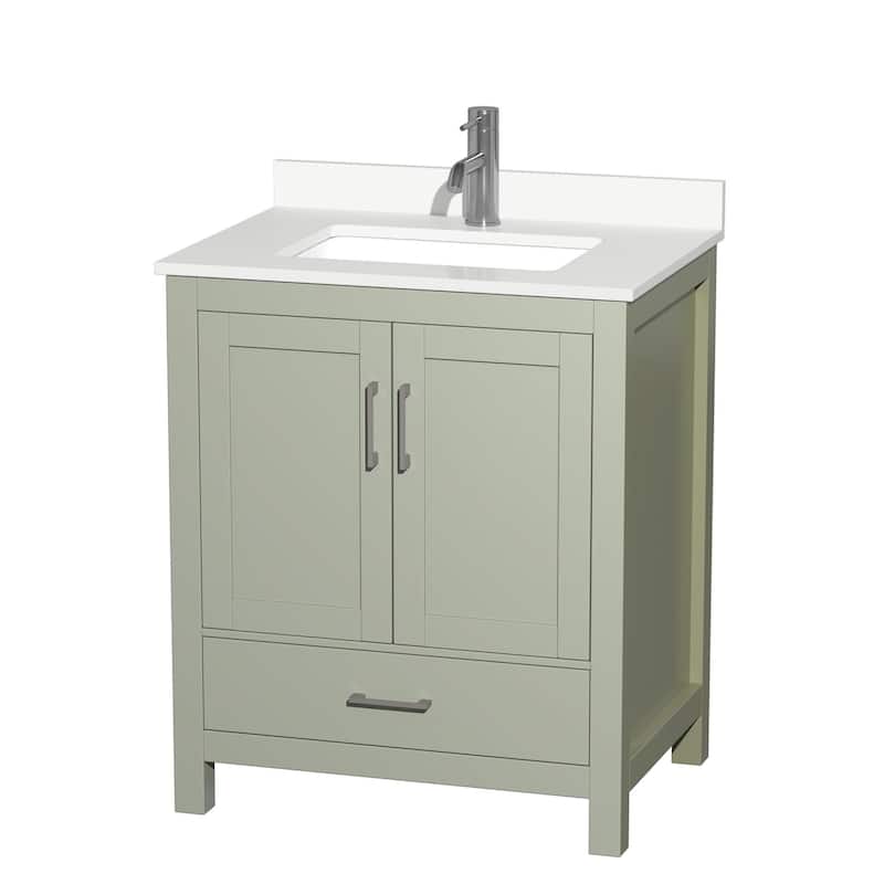 Wyndham Collection WCS141430S-QTZ-UNSMXX Sheffield 30" Free Standing - Light Green / White Quartz Top / Brushed Nickel