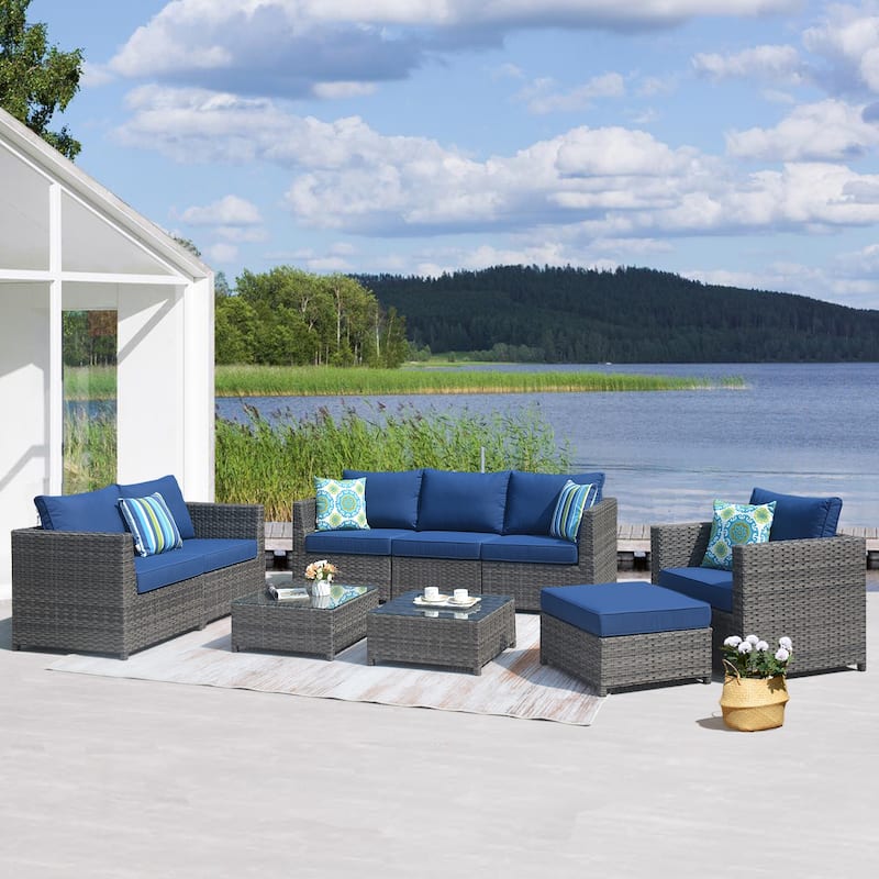 OVIOS Patio Furniture Deep Seat Wicker 9-piece Set - Navy Blue