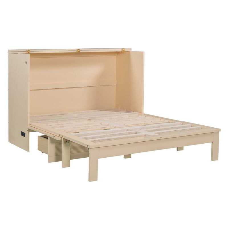Full/Queen Size Murphy Bed Wall Bed with a Large Drawer, Foldable Murphy Cabinet Bed with a set of Sockets & USB Ports