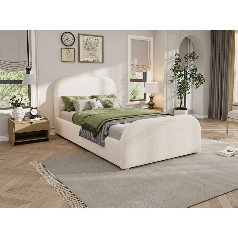 Twin Size Bed Frame with Linen Upholstered Headboard, Solid Wood Legs, Beige