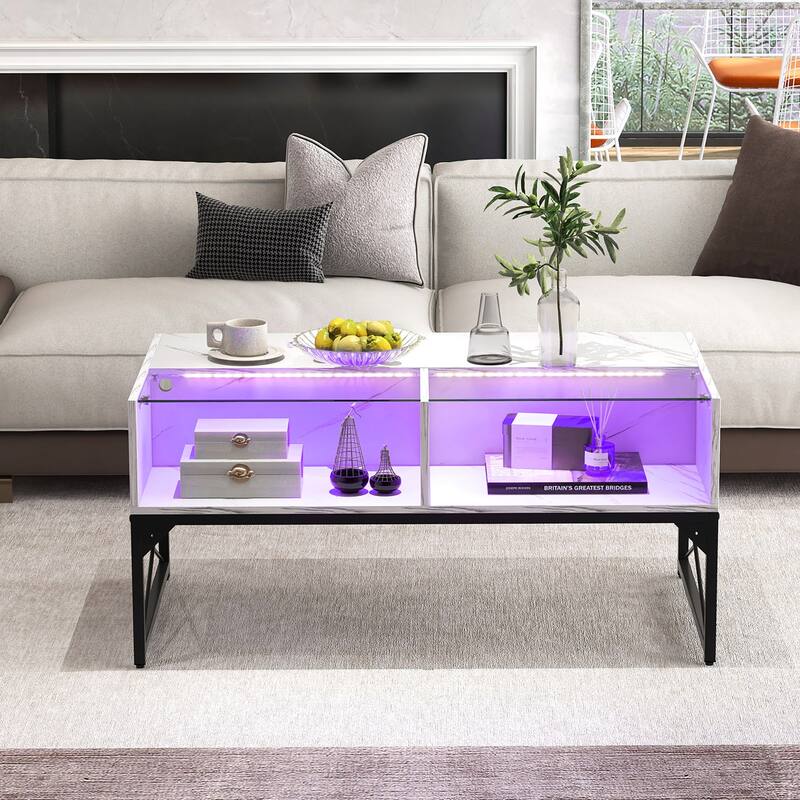 Gymax High-gloss LED Coffee Table w/ Faux Marble & Tempered Glass Top
