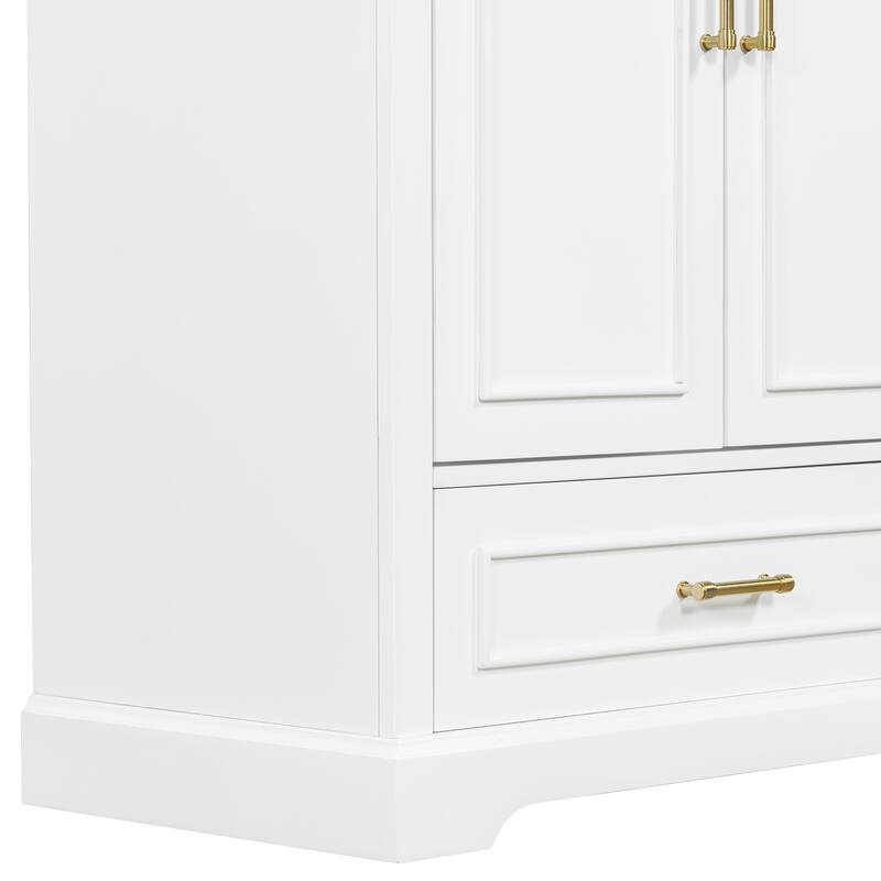 Bathroom Vanity with Ceramic Sink, Freestanding Storage Cabinet with Double Shelf, 1 Divider Drawer & 2 Soft-close Doors
