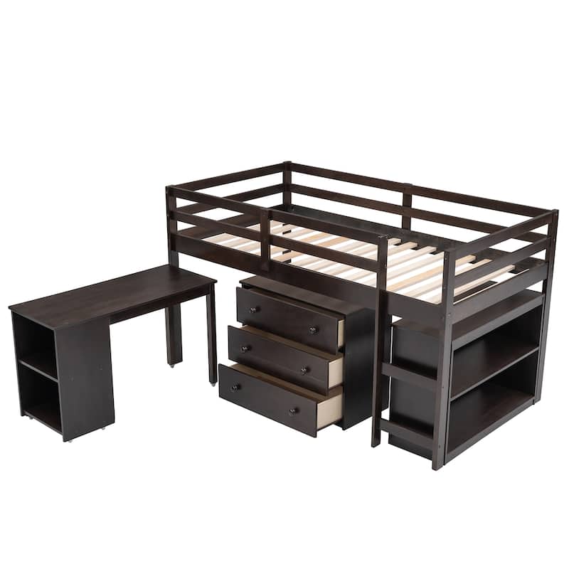 Compact Twin Loft Bed with Storage Drawers and Rolling Desk in Espresso