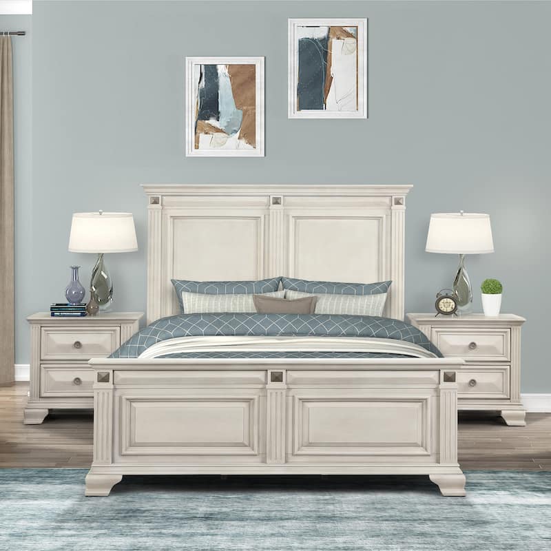 Roundhill Furniture Renova 3-Piece Distressed Parchment Wood Bedroom Set, Panel Bed with 2 Nightstands - Queen
