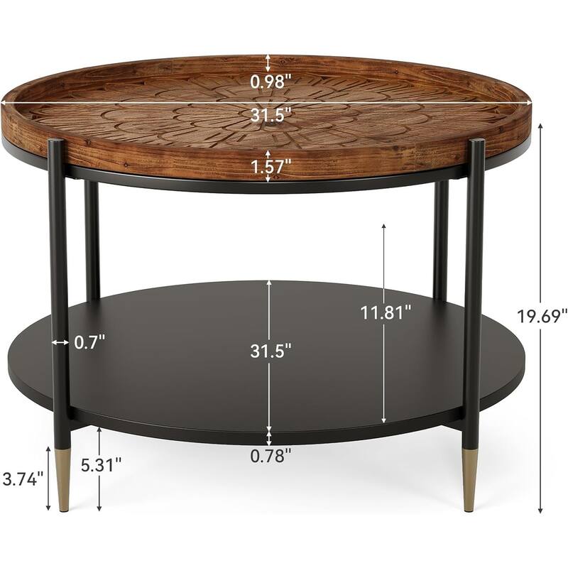 31.5" Solid Wood Coffee Table with Metal Frame & Carved Floral Pattern - 31.49" W x 31.49" D x 19.68" H