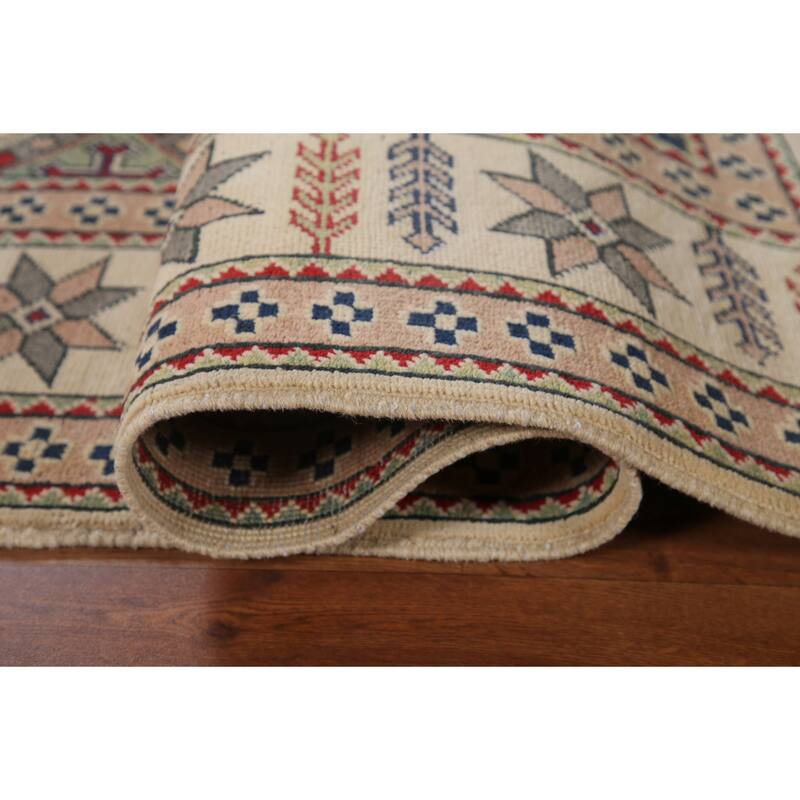 Hand Knotted Oriental 100% Wool Carpet Traditional Geometric Beige & Ivories Kazak Area Rug - 9' 7'' X 6' 7''