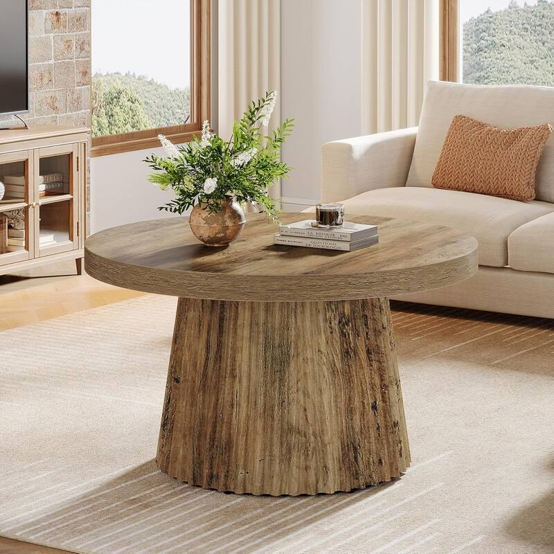 Round Coffee Table, 31.5" Modern Circle Center Table with Fluted Drum Base