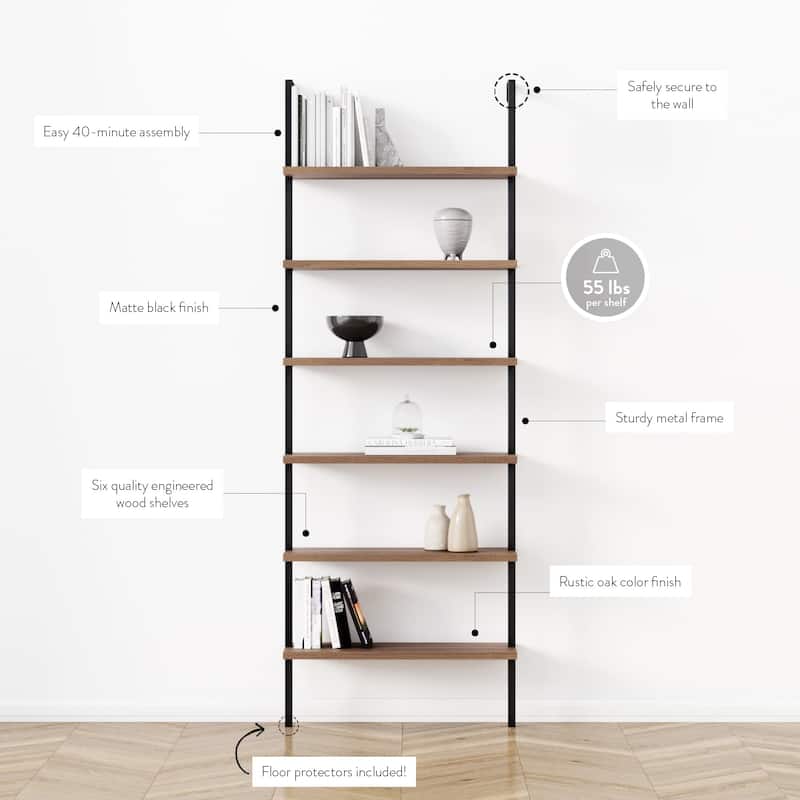 Nathan James Theo 6-Shelf Tall Bookcase, Wall Mount Bookshelf Wood with Metal Frame