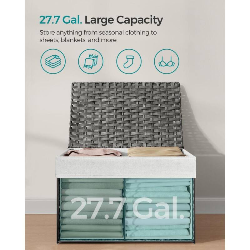 Portable Wicker Basket with Lid Waterproof Foldable Laundry Hamper with Washable Liner and Cut-Out Handles