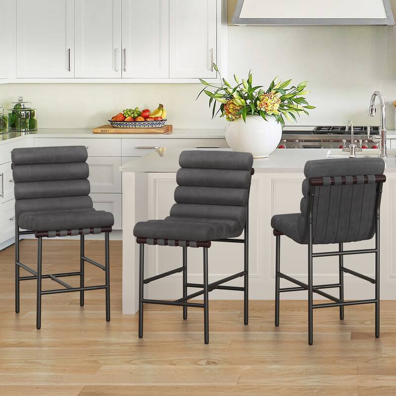 26" Counter Height Solid Wood and Metal Frame Barstool Upholstered Back Bar Stool for Kitchen Island - Grey/Faux Leather - Set of 3