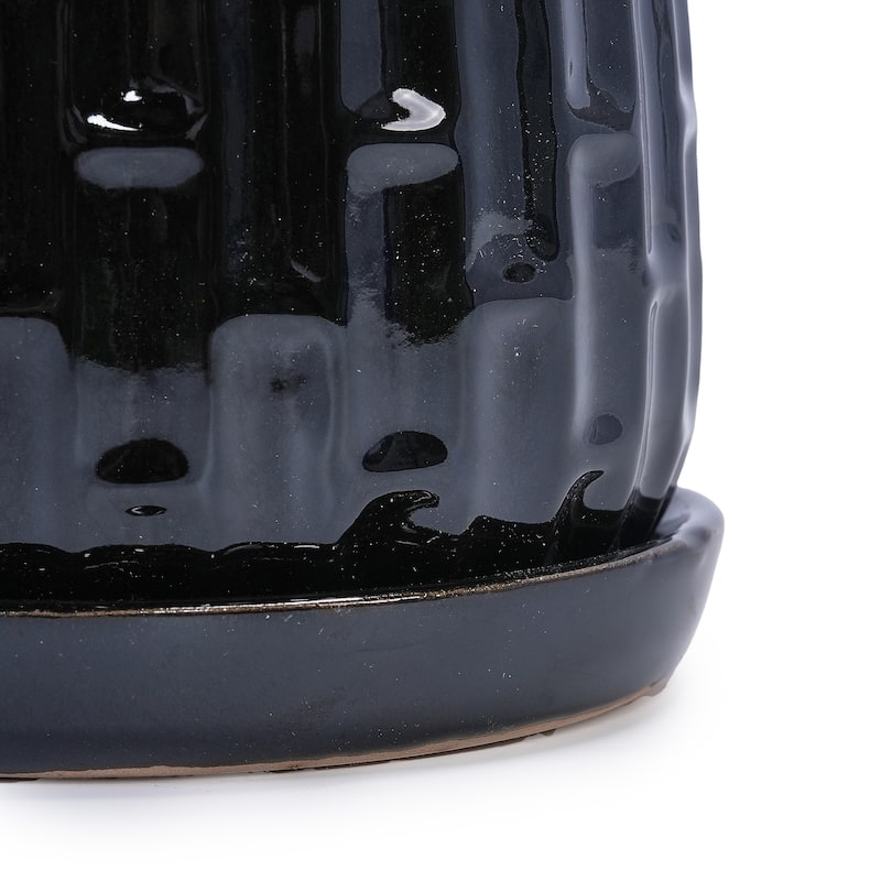 Set of 2 Handmade Ceramic Planters, Includes Saucers, Vertical Ribbed