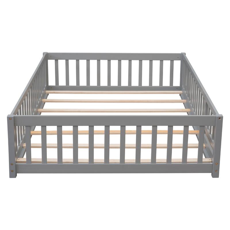 Floor Platform Bed with Fence Guardrails and Door