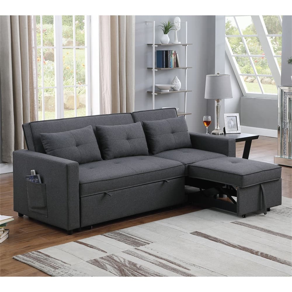 Linen Convertible Sleeper Sofa with Side Pocket