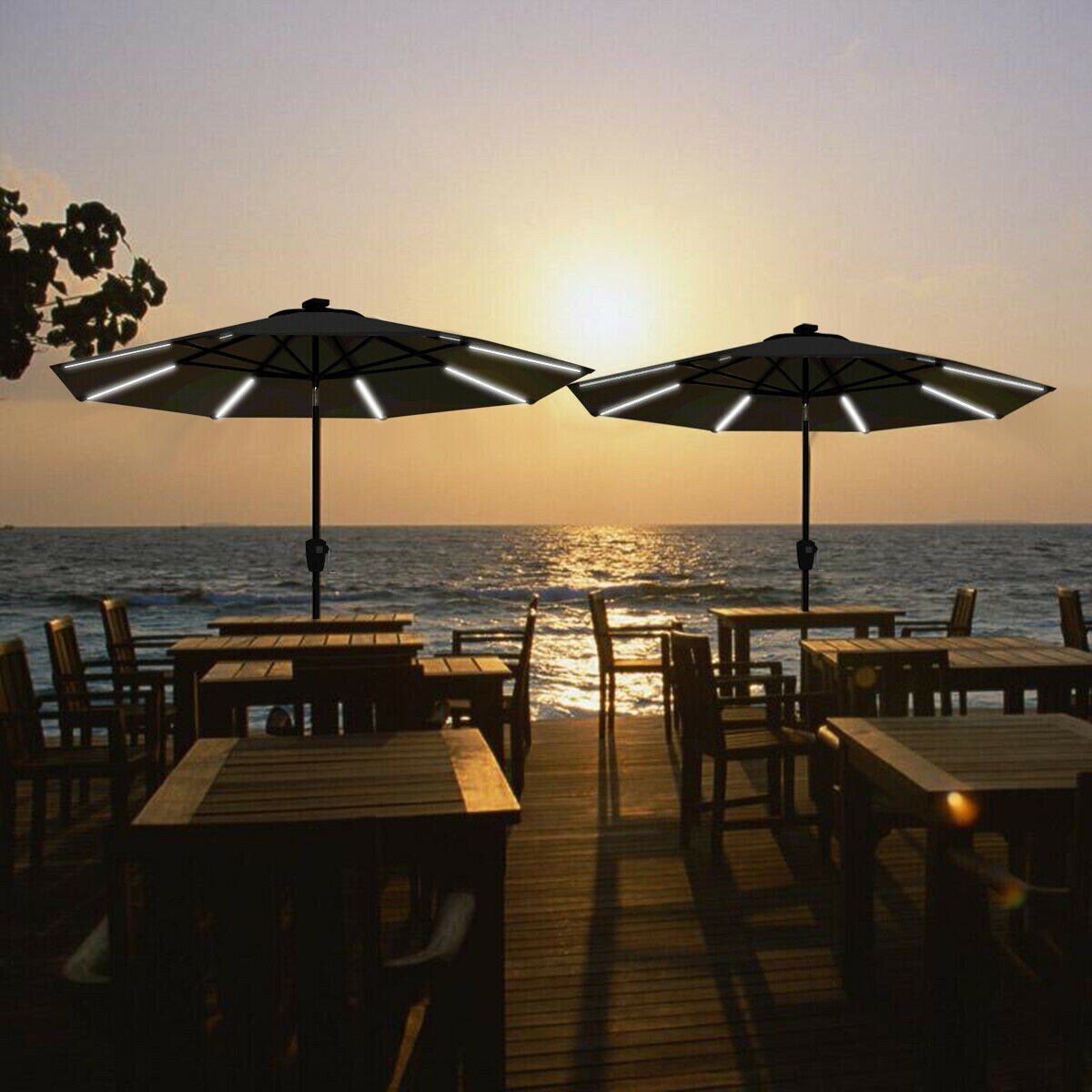 Shop Black Friday Deals On Gymax 9 Ft Patio Waterproof Solar Umbrella Led Light Tilt Gray Overstock 26438153