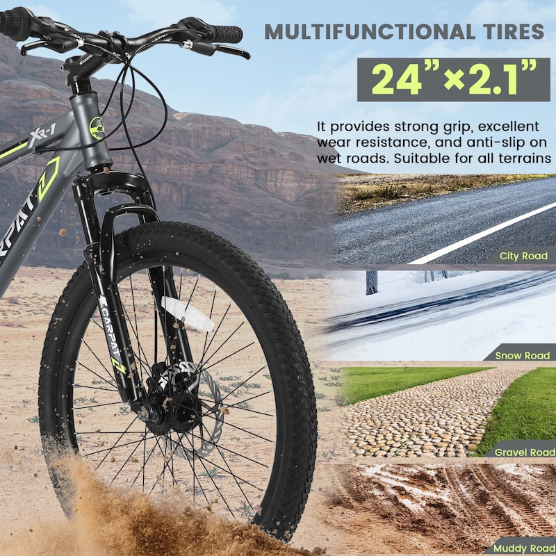 24 Inch Steel Frame, Mountain Cycling Bike Shimano 21 Speed Road Commuting Bicycle with Daul Disc Brakes and Front Suspension