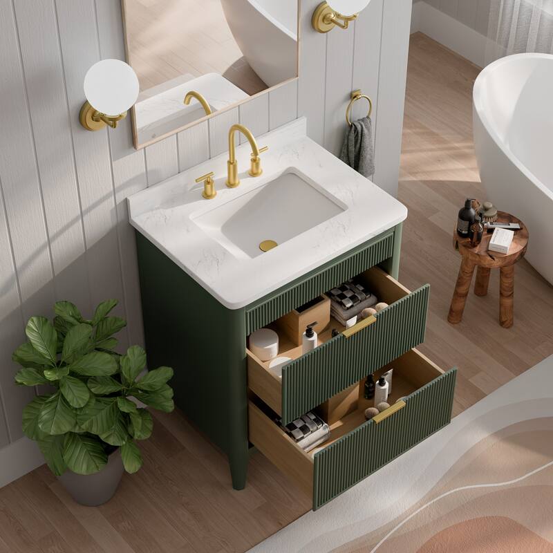 Modland 30" Freestanding Bathroom Vanity with Carrara Marble Top - Soft-Close Drawers,Green / Grey - 30 inch