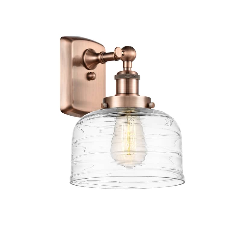 Innovations Lighting 916-1W-13-8 Bell Sconce Bell 13" Tall Wall Sconce - Antique Copper / Clear Deco Swirl