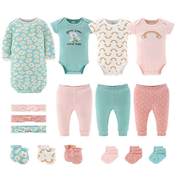 slide 2 of 8, The Peanutshell Carefree Floral Newborn Layette Set for Baby Girls, 16-Pieces, Pink/Aqua, 0-3 Months