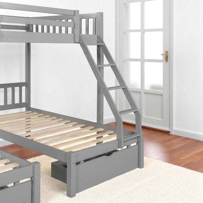 Full Over Twin & Twin Triple Bunk Bed with Drawers, Wooden 3 Beds in 1 with Guardrails and Storage