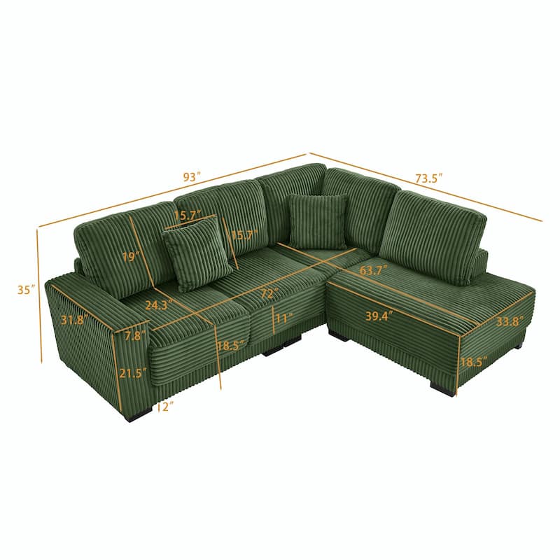 93" Sectional Sofa, L-Shaped with Reversible Chaise Lounge, Upholstered in Soft Corduroy