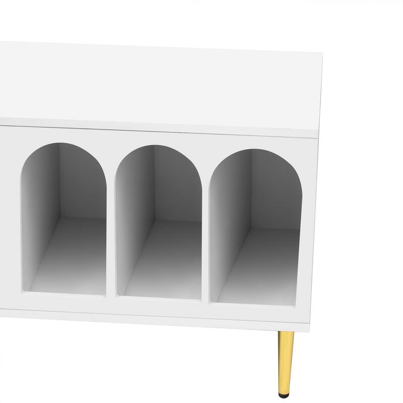 Modern 70" TV Stand with Arched Shelves, Sliding Acrylic Door, Metal Legs & Handles, Storage Cabinets