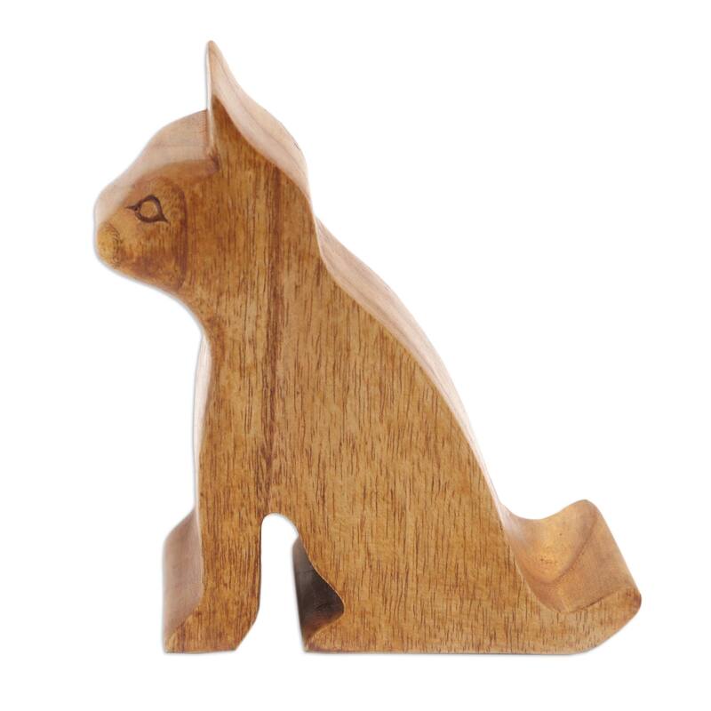 Novica Handmade Dialing Cat Wood Phone Stand - Brown