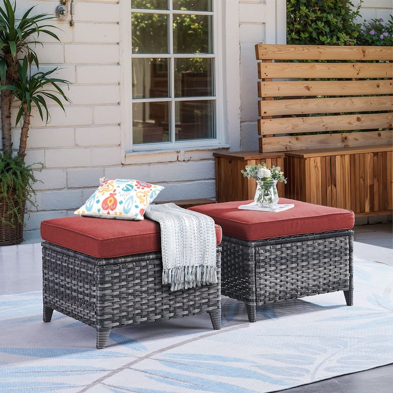 Outdoor Wicker Ottomans Rattan Footrests - Red - Grey