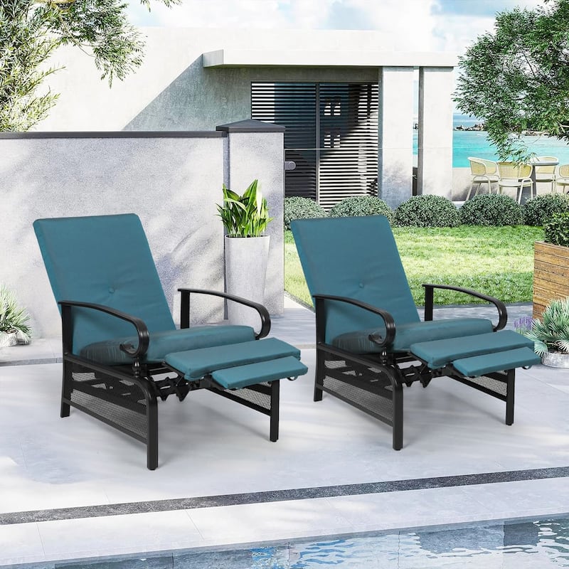 2 Piece Outdoor Metal Patio Adjustable Recliner Lounge Chairs with Retractable Steel Frame and Removable Thick Cushion - Blue