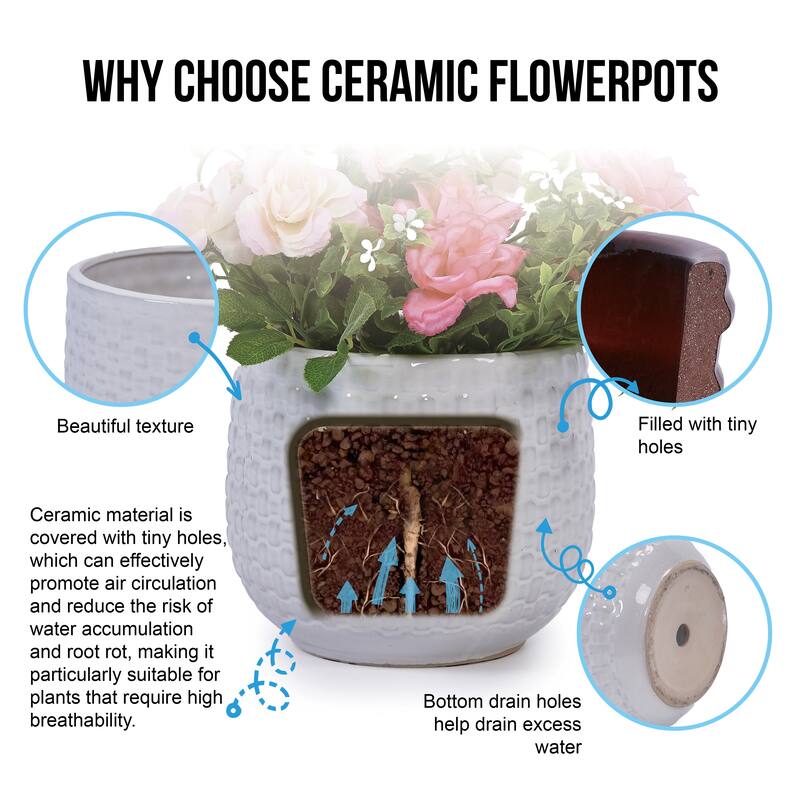 Set of 3 Ceramic Planters Geometric Texture for Orchids and Succulents