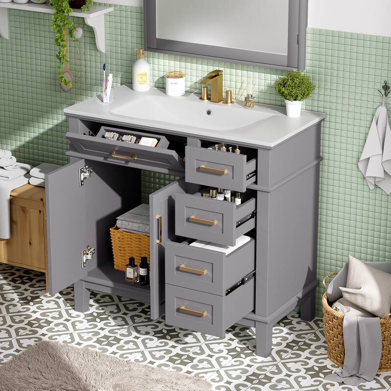 Solid Wood Frame Bathroom Vanity Cabinet with Ceramic Sink for Small Bathrooms, 36 Inch