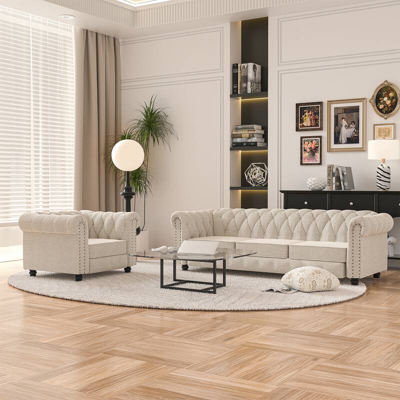 Morden Fort Button Tufted Upholstered Chesterfield Sofa Set Chair and Sofa,2 PCS for Living Room,Linen,Solid Wood Legs - Beige