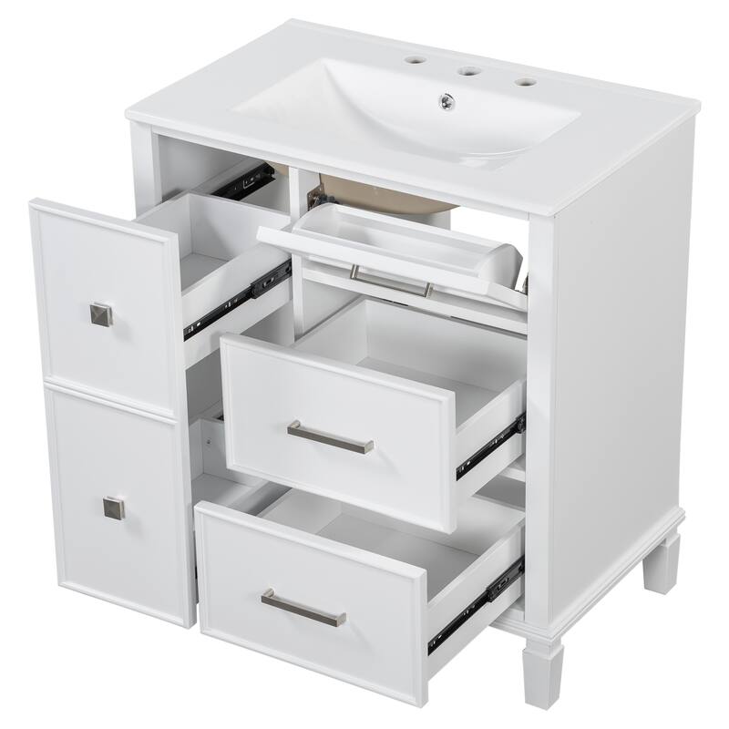 30" Bathroom Vanity with Ceramic Sink, Flip-Out Drawer, Soft Close Doors & Drawers Cabinet with Solid Wood Legs
