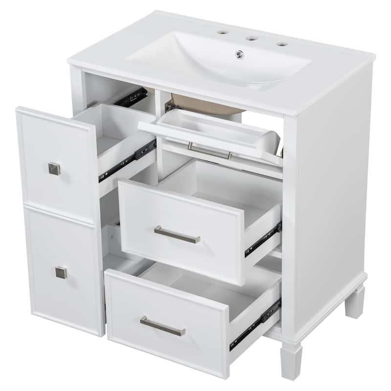 Classic 30-Inch Bathroom Vanity Set‌ - White Painted MDF Cabinet with Ceramic Sink & Flip-Out Plumbing Drawer.