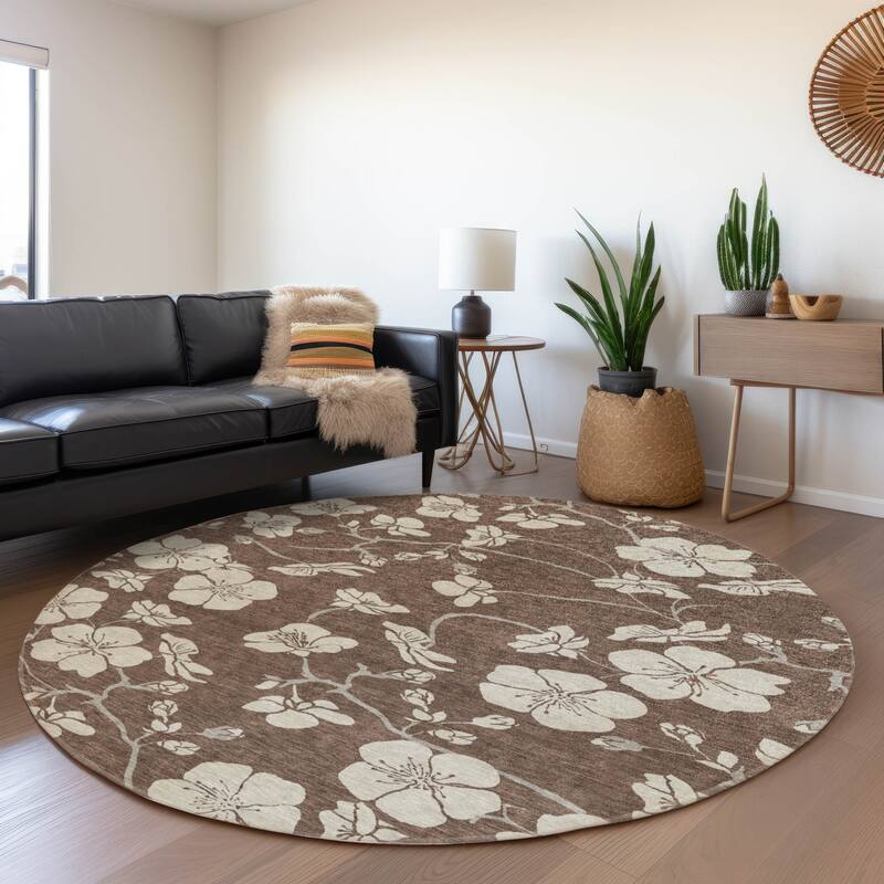 Machine Washable Indoor/ Outdoor Calm Floral Chantille Rug - Brown - 8' x 8'