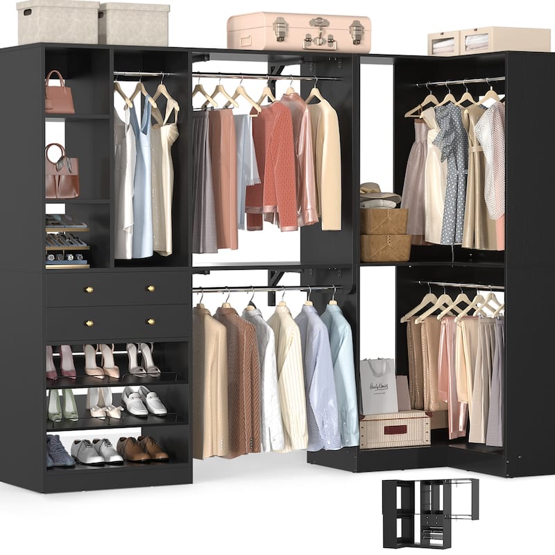 Rackcog Freestanding Corner Closet System Set, Closet Organizer with Hanging Rods and Drawers
