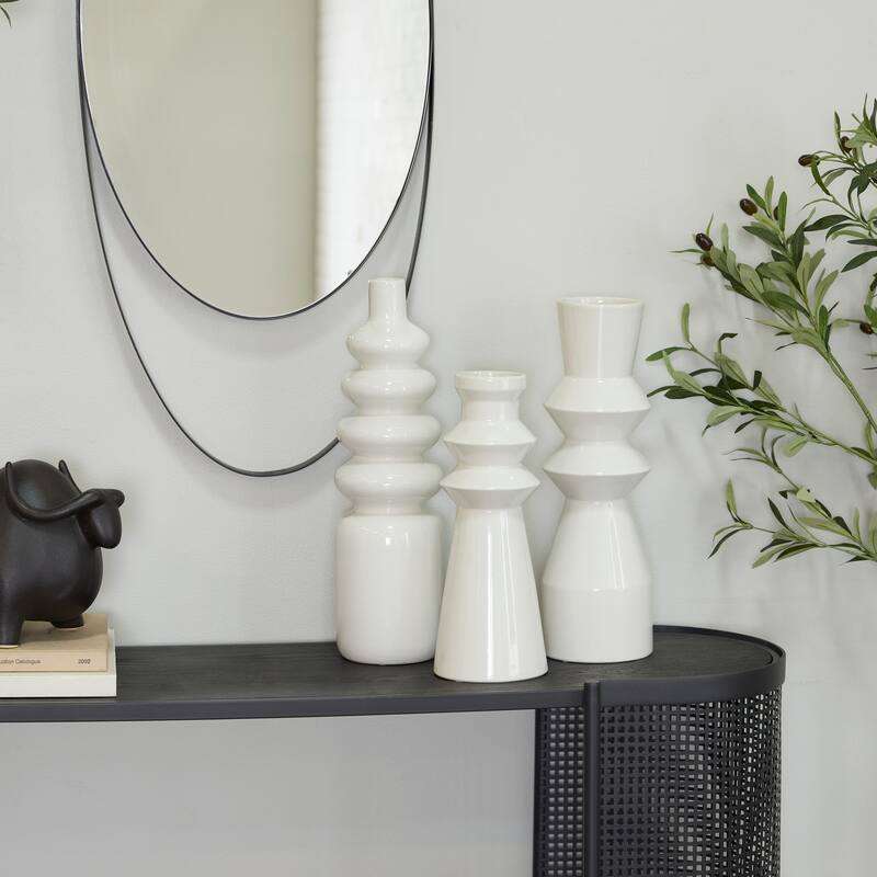 CosmoLiving by Cosmopolitan Minimalist Ceramic Vase with Bubble and Fluted Texture Designs (Set of 3) - White or Black - White