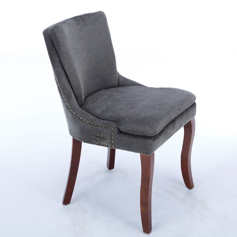 Double-layer Cushioned Dining Chairs Set of 2 Chenille Mid-Back Chair with Nailhead Trim Side Chair with Bent Wood Legs