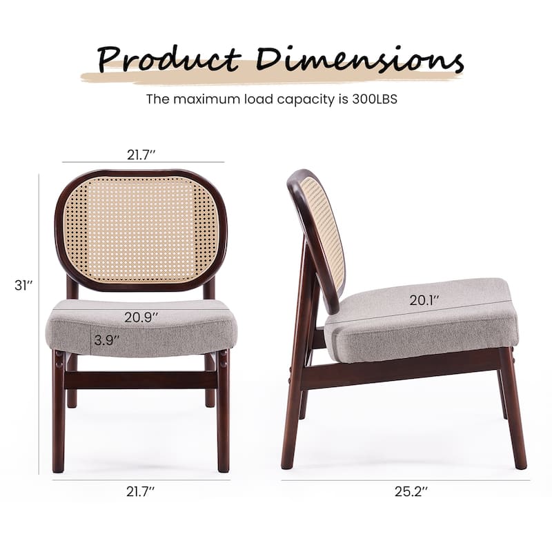 Rattan Accent Chair, Upholstered Living Room Chair with Rattan Back & Wood Frame, Mid-Century Modern Reading Chair