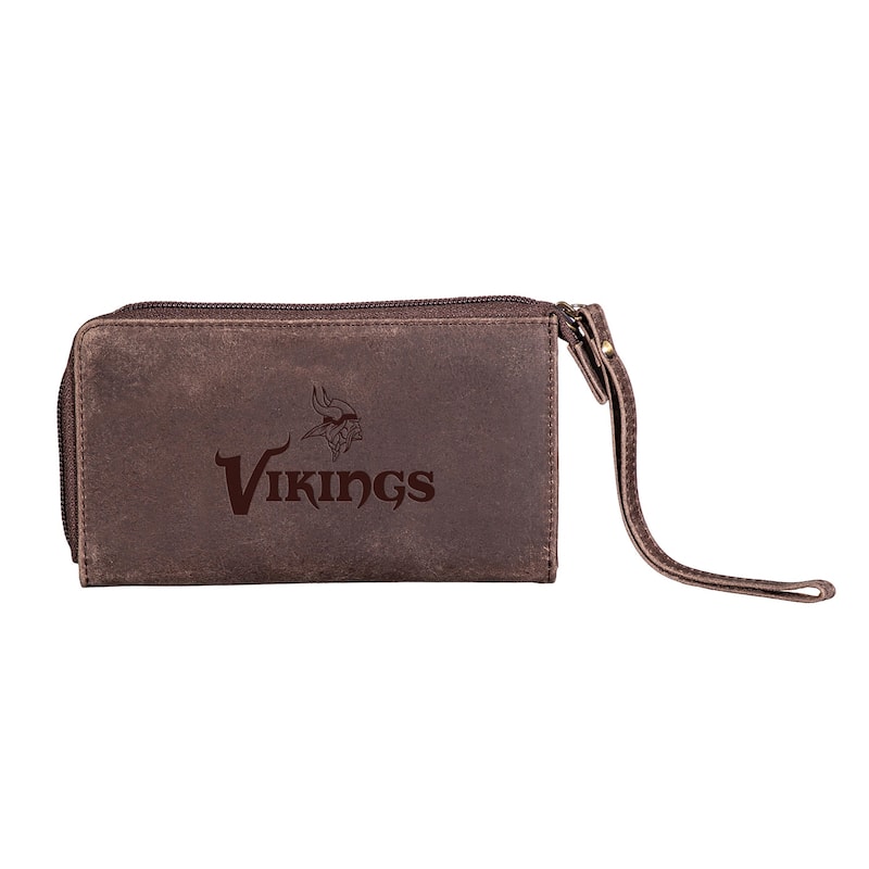 Brown Leather Cell Phone Wristlet Wallet, Minnesota Vikings - 4" x 7"