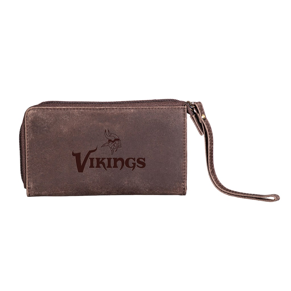 Brown Leather Cell Phone Wristlet Wallet, Minnesota Vikings - 4" x 7"