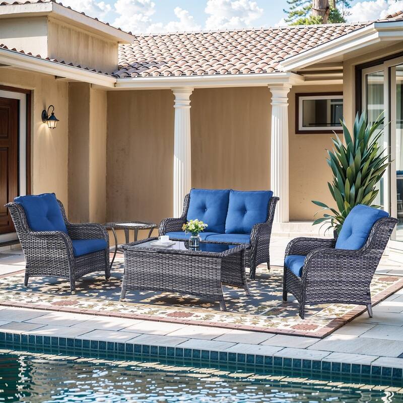 Outdoor Loveseat Sofa with Chair Ottoman Table - 5PCS - Sofa with Chair and Coffee Table - Grey Rattan - Blue Cushion