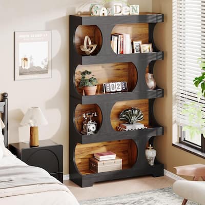 Black Wood 4-Tier Bookcase, 71” S-Shaped Tall Display Bookshelf