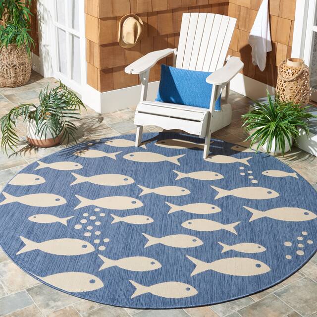 SAFAVIEH Courtyard Illa Indoor/ Outdoor Waterproof Patio Backyard Rug - 6'7" x 6'7" Round - Blue/Beige