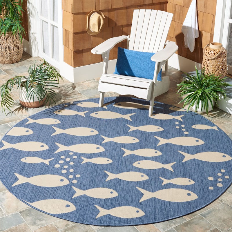 SAFAVIEH Courtyard Illa Indoor/ Outdoor Waterproof Patio Backyard Rug - 6'7" x 6'7" Round - Blue/Beige