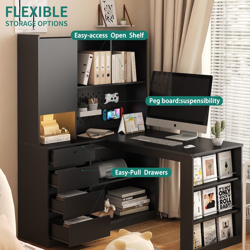 L-Shaped Corner Storage Desk with LED Light, Modern Home Office Computer Table Gaming Desk with Drawers and Bookshelf