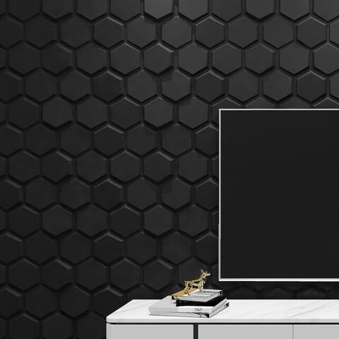 Art3d Textures 3D Wall Panels Black Hexagon Design Pack of 12 Tiles 25.5 Sq Ft (PVC) - 19.7x19.7 in