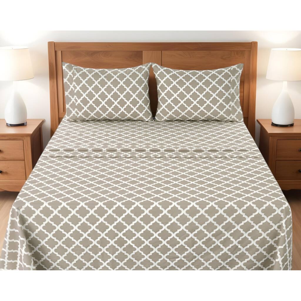 Four Piece Beige and White Quatrefoil Microfiber California King Sheet Set