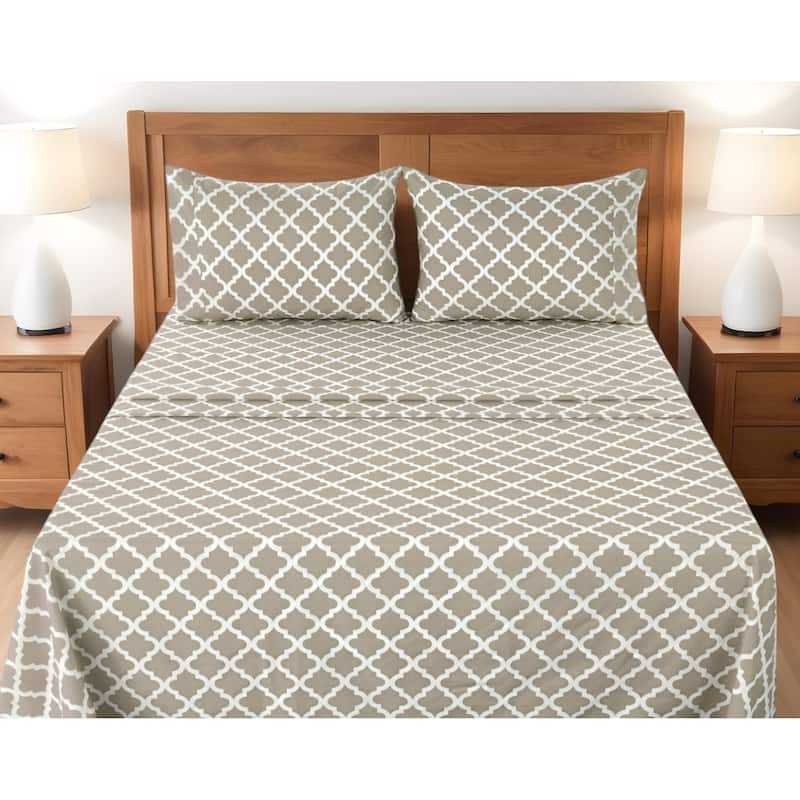 Four Piece Beige and White Quatrefoil Microfiber King Sheet Set - Beige and White - King