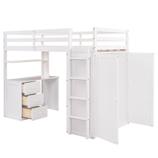 Solid Wood Loft Bed with Desk, Drawers, Shelves & Wardrobe